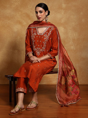 Varanga Women Zari Embroidered Yoke with all over Floral Motif Buta Kurta with Trouser & Dupatta
